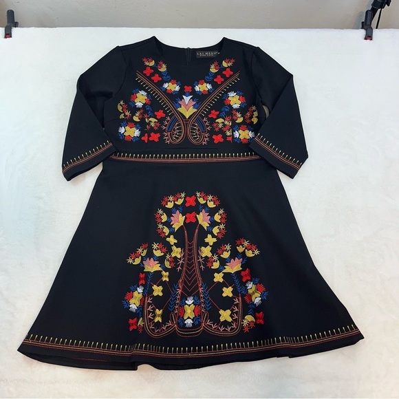 Lai Meng Five Cats Embroidered Floral Folk art Mini Dress Black Size XL NWT - Picture 3 of 14
